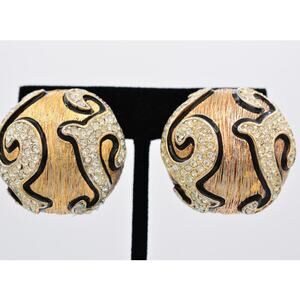 Craft Vintage Clip Earrings Round Antiqued Gold Rhinestone Chunky Signed BinAV